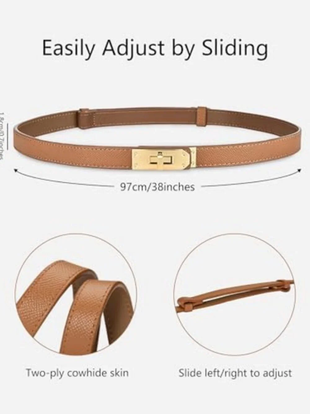 Women's Adjustable Skinny Leather Belt with Gold Turn-Lock Buckle for Dresses